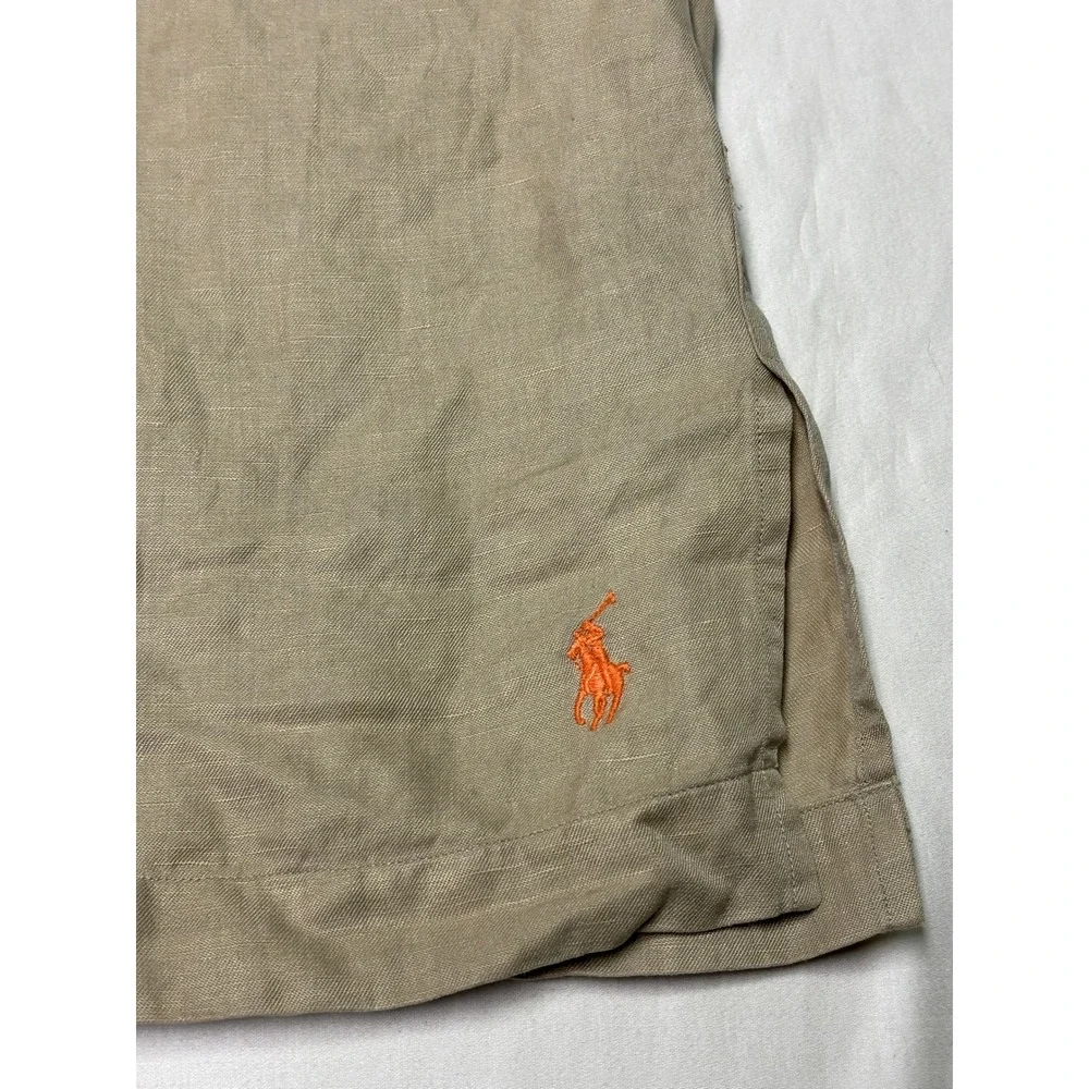Polo Ralph Lauren‎ Linen Silk Short Sleeve Shirt Tan Khaki Mens XL Orange Pony